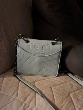 Tory Burch Quilted Light Gray Leather Crossbody Bag